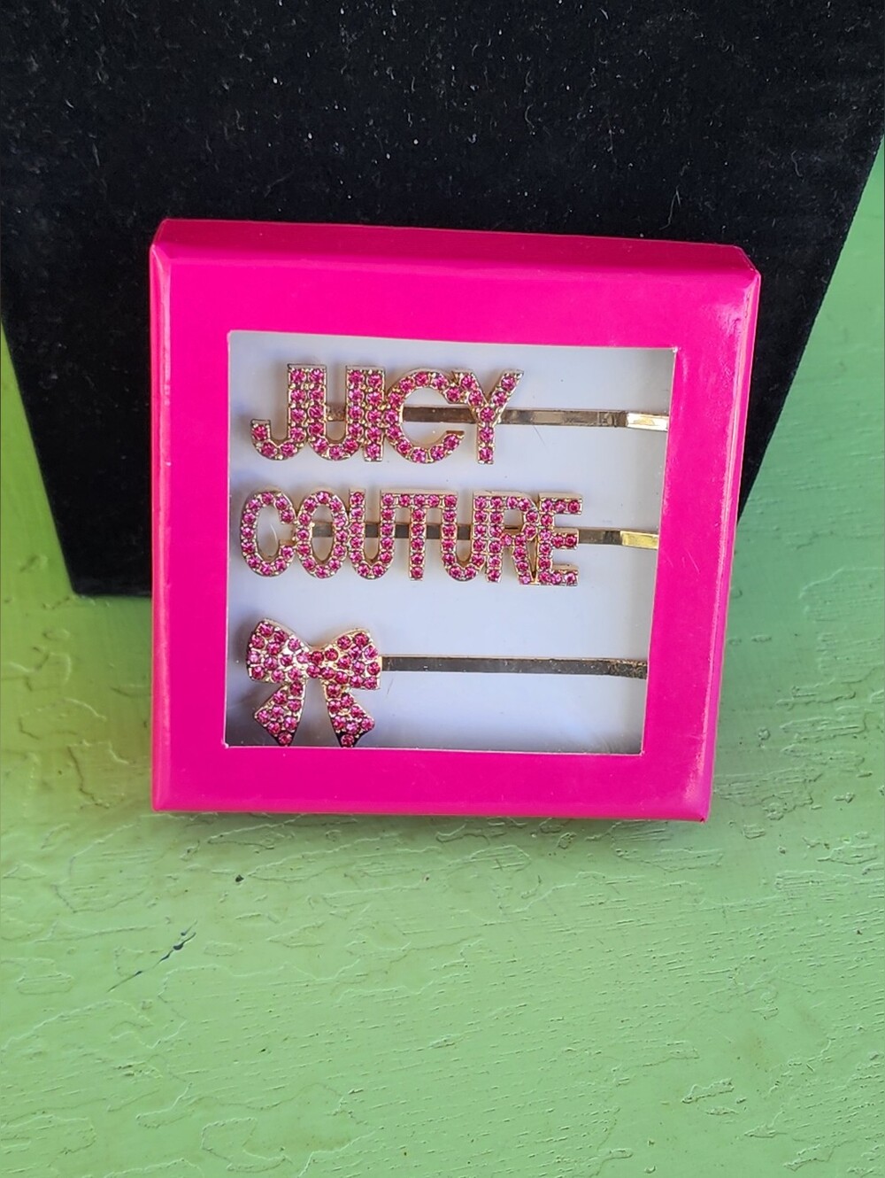 Juicy Couture 3pc Rhinestone Hair Pin Clip Set Pink Gold Y2K New In Box